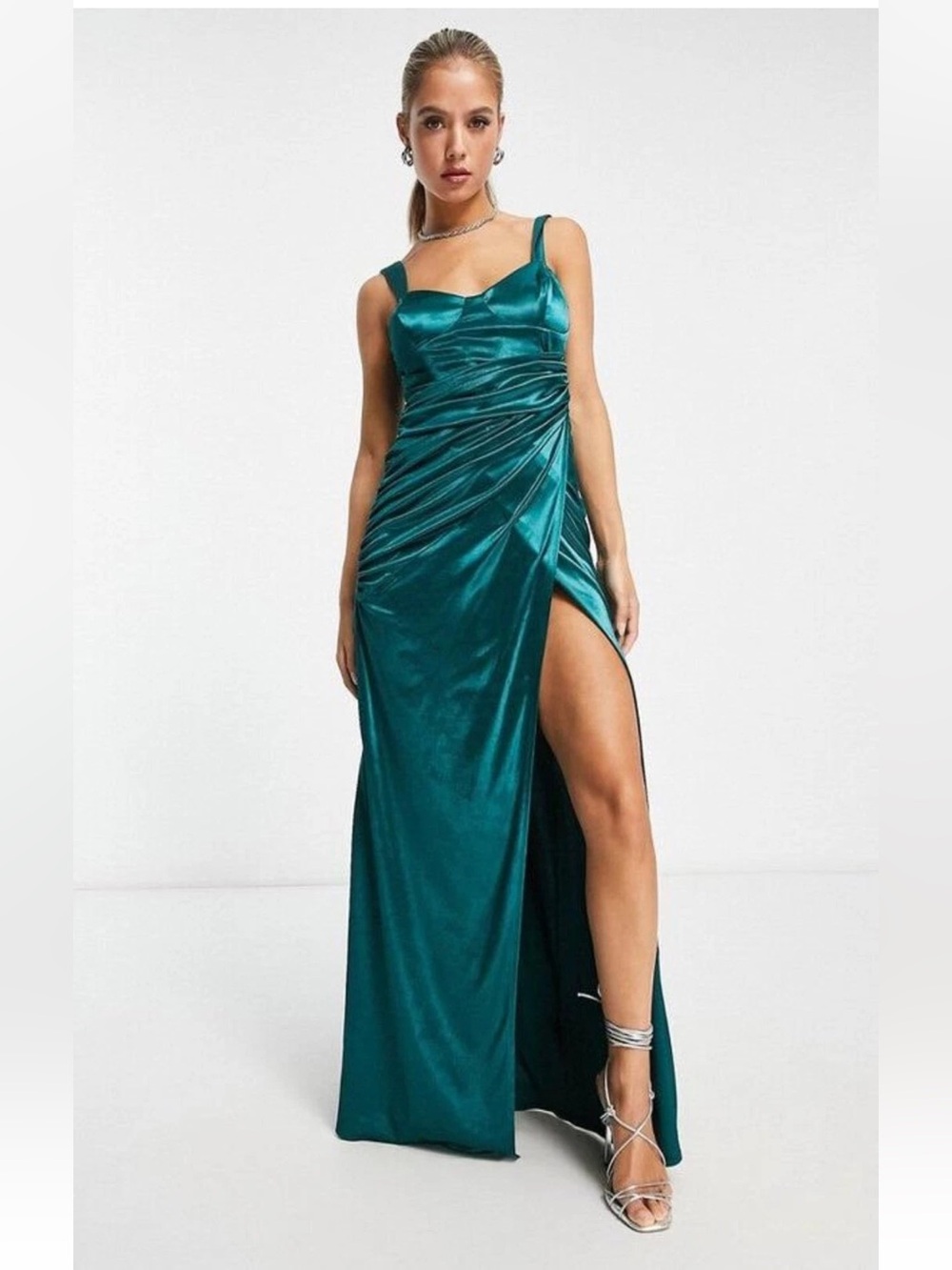 NWOT ASOS Elegant Teal Satin Jesaphine Evening Dress - Sleeveless V-Back, Size 8